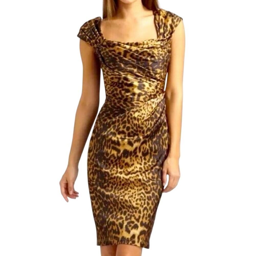 TADASHI SHOJI Collection Leopard Animal Print Ruched Bodycon Cocktail Mini Dress